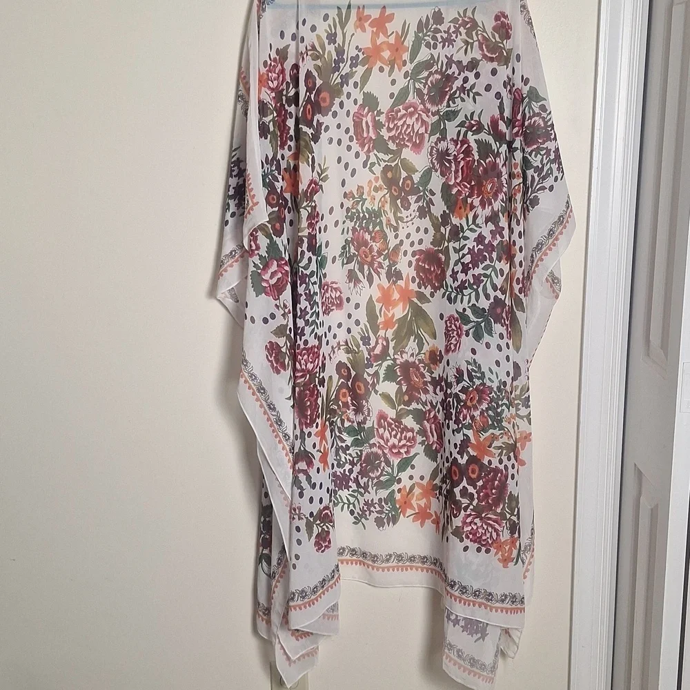 Cupshe White Floral Print Midi Side Slip Chiffon Cover Up Cardigan Kimono - Picture 6 of 7